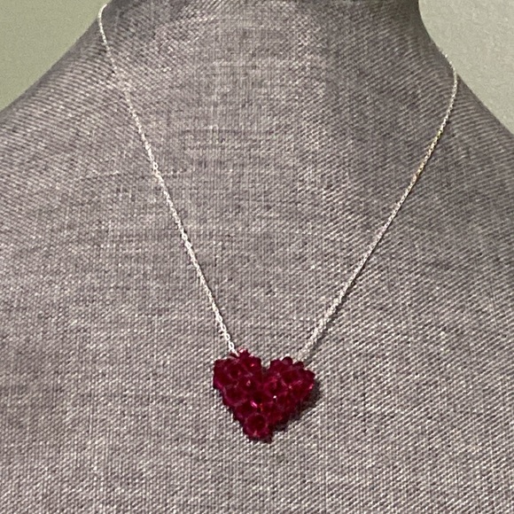 Red Glass Beaded Heart Sterling Silver Necklace - Picture 4 of 7